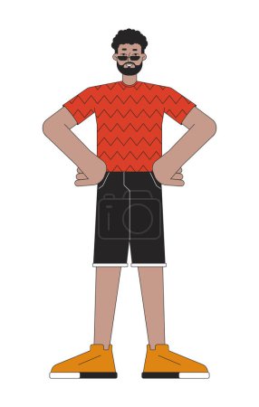 Illustration for Black bearded sunglasses man power posing 2D linear cartoon character. Beard african american male isolated line vector person white background. Confident hands on hips color flat spot illustration - Royalty Free Image