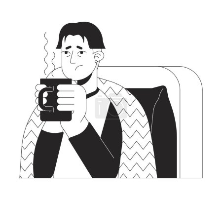 Illustration for Exhausted flu asian man holding hot drink black and white 2D line cartoon character. Korean male drinking warm liquid isolated vector outline person. Flu relief monochromatic flat spot illustration - Royalty Free Image