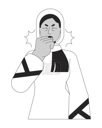 Ilustración de Mujer musulmana hiyab asma ataque negro y blanco personaje de dibujos animados 2D línea. Tos crónica seca hembra oriente medio aislado vector contorno persona. Sibilancias monocromáticas plano punto ilustración - Imagen libre de derechos