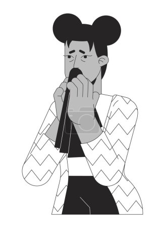 Illustration for African american girl with allergic rhinitis black and white 2D line cartoon character. Tissue sneezing female isolated vector outline person. Morning sickness monochromatic flat spot illustration - Royalty Free Image