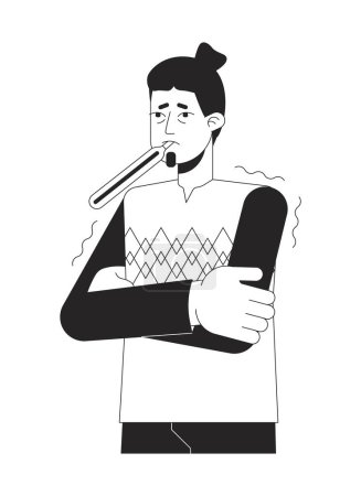 Illustration for Flu feverish caucasian man with thermometer black and white 2D line cartoon character. Chills guy feeling sick isolated vector outline person. Coronavirus symptom monochromatic flat spot illustration - Royalty Free Image