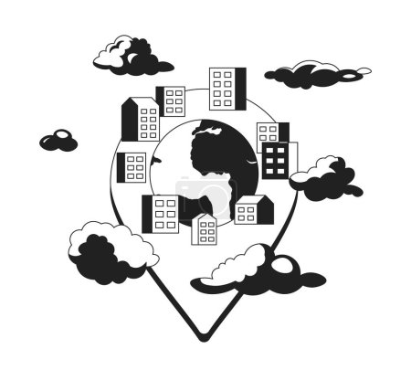 Illustration for Apartment complex pin black and white 2D illustration concept. Multifamily properties pinpoint isolated cartoon outline object. Condominium highrise neighborhood urban metaphor monochrome vector art - Royalty Free Image