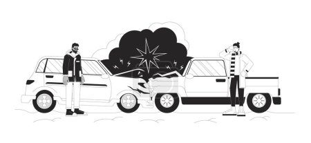 Illustration for Multi-vehicle accident during winter storm black and white cartoon flat illustration. Blizzard car crashing drivers 2D lineart characters isolated. Traffic collision monochrome vector outline image - Royalty Free Image
