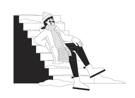 Illustration for Winter fall hazard on stairs black and white cartoon flat illustration. Injured back girl slips on outdoor steps icy 2D lineart character isolated. Stairway with snow monochrome vector outline image - Royalty Free Image