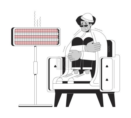 Illustration for Using electric heater in winter black and white cartoon flat illustration. Shivering man 2D lineart character isolated. Keeping warm in extreme cold weather at home monochrome vector outline image - Royalty Free Image
