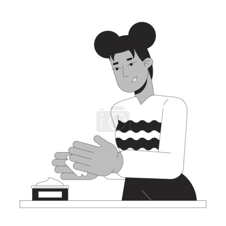Illustration for Skincare winter black and white cartoon flat illustration. African american young woman applying hand cream 2D lineart character isolated. Moisturizing chapped hands monochrome vector outline image - Royalty Free Image