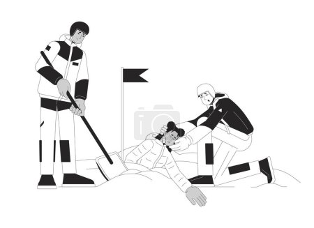 Illustration for Avalanche rescue black and white cartoon flat illustration. Rescuers snow shoveling out victim buried in snow 2D lineart characters isolated. Winter natural disaster monochrome vector outline image - Royalty Free Image