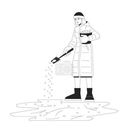 Ilustración de Icy Walkway prevención dibujos animados en blanco y negro ilustración plana. Mujer caucásica tratando el hielo en la acera 2D carácter lineal aislado. Esparciendo arena en el camino monocromo escena vector contorno imagen - Imagen libre de derechos