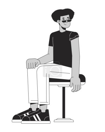Illustration for Latino sunglasses man sitting ready for vaccine black and white 2D line cartoon character. Hispanic guy rolled up tshirt sleeve isolated vector outline person. Monochromatic flat spot illustration - Royalty Free Image