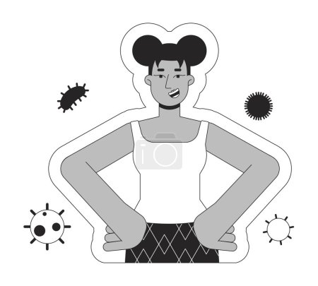 Téléchargez les illustrations : Jeune femme noire protégée contre les virus noir et blanc personnage de dessin animé ligne 2D. Afro-américain heureux contour vectoriel isolé personne. Immunité santé monochromatique point plat illustration - en licence libre de droit