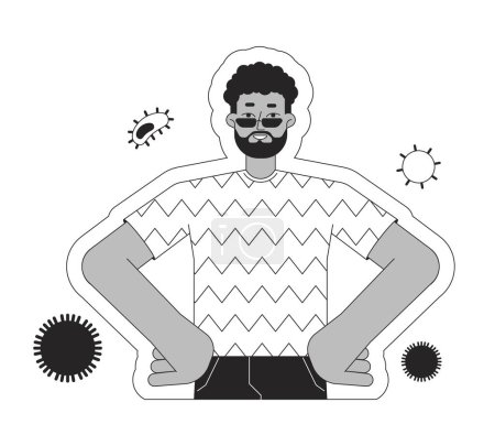 Illustration for Black bearded man protected from infections black and white 2D line cartoon character. African-american happy isolated vector outline person. Immunity bacterias monochromatic flat spot illustration - Royalty Free Image