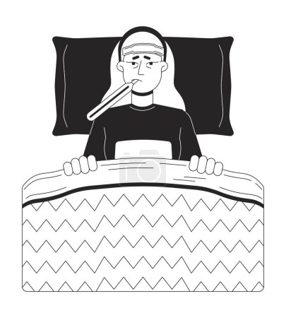 Ilustración de Mujer rubia enferma de gripe acostada en la cama personaje de dibujos animados en 2D en blanco y negro. Chica caucásica cansada con termómetro aislado contorno vectorial persona. Manta envuelta ilustración plana monocromática - Imagen libre de derechos