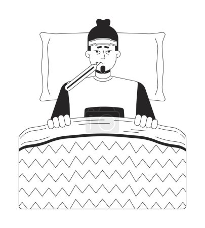 Ilustración de Hombre caucásico enfermo frío acostado en la cama personaje de dibujos animados 2D en blanco y negro. Varón agotado con termómetro aislado contorno vectorial persona. Envuelto en manta monocromática plana punto ilustración - Imagen libre de derechos
