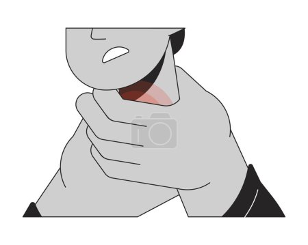 Illustration for Indian man hands around sore throat black and white 2D line cartoon hands closeup. Painful lymph nodes isolated vector outline arms close up. Swollen glands infect monochromatic flat spot illustration - Royalty Free Image