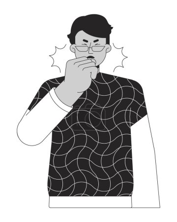 Ilustración de Hombre gafas árabes tos asma negro y blanco 2D línea personaje de dibujos animados. Polen estacional sufren varón Oriente Medio aislado vector contorno persona. Alergia monocromática plana punto ilustración - Imagen libre de derechos