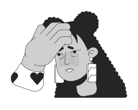 Ilustración de Mujer latina tocando la frente para comprobar la fiebre en blanco y negro 2D línea de dibujos animados cara de cerca. Enfermo hispano hembra aislado vector contorno cabeza de cerca. Migraña monocromática plano punto ilustración - Imagen libre de derechos
