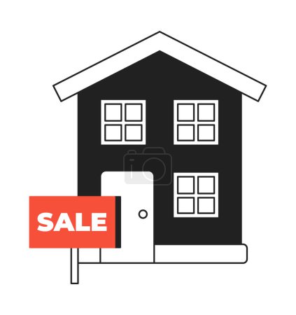 Illustration for For sale sign house black and white 2D illustration concept. Selling home. Property for sale isolated cartoon outline object. Apartment real-estate agency sign metaphor monochrome vector art - Royalty Free Image