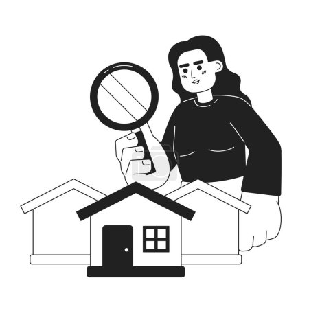 Illustration for Searching suburban homes for sale black and white 2D illustration concept. Woman purchase house in suburbs isolated cartoon outline character. Magnifying glass property metaphor monochrome vector art - Royalty Free Image