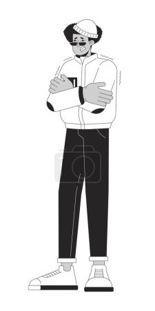 Illustration for Shivering from cold weather black and white cartoon flat illustration. Latino man shaking uncontrollably 2D lineart character isolated. Having chills in winter monochrome scene vector outline image - Royalty Free Image