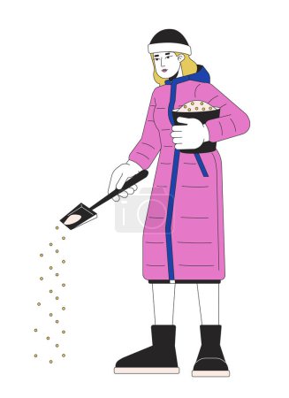 Ilustración de Mujer de ropa caliente tratando hielo en la acera 2D personaje de dibujos animados lineales. Señora caucásica esparciendo arena en el camino aislado línea vector persona fondo blanco. Haga la ilustración plana segura del punto del color del hielo - Imagen libre de derechos