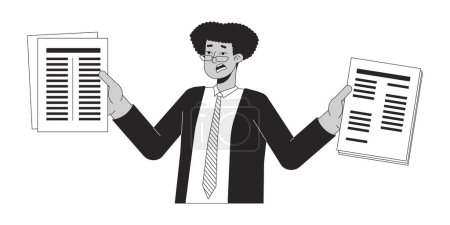 Ilustración de Hombre de negocios hispano excesivamente comprometido personaje de dibujos animados de línea 2D en blanco y negro. Trabajador de papeleo de tenencia latinoamericana aislado contorno de vectores persona. Ilustración plana monocromática estresada - Imagen libre de derechos