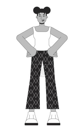 Illustration for Two buns woman african american power posing black and white 2D line cartoon character. Black young adult female isolated vector outline person. Confident standing monochromatic flat spot illustration - Royalty Free Image
