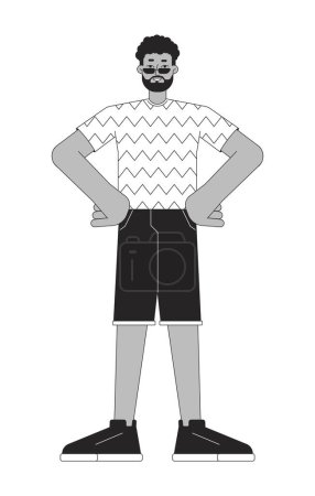 Illustration for Black bearded sunglasses man power posing black and white 2D line cartoon character. African american adult isolated vector outline person. Confident hands on hips monochromatic flat spot illustration - Royalty Free Image