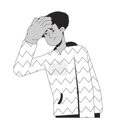 Illustration for Sick latino man taking temp on forehead black and white 2D line cartoon character. Suffer headache isolated vector outline person. Feeling skin temperature monochromatic flat spot illustration - Royalty Free Image