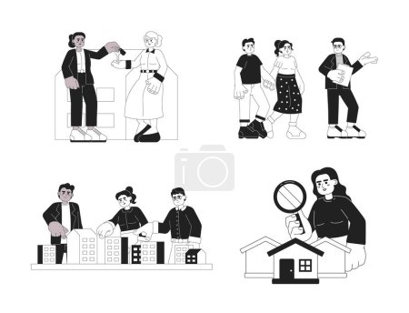 Illustration for Purchase real estate properties black and white 2D illustration concept set. Real estate agent, buyers diverse isolated cartoon outline characters. Realty metaphor monochrome vector art collection - Royalty Free Image