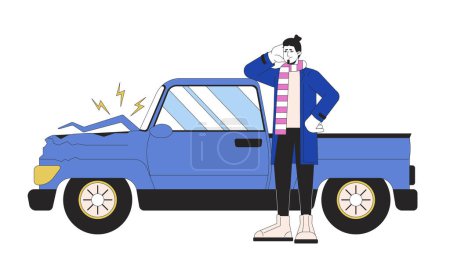 Illustration for Caucasian sad man near broken vehicle 2D linear cartoon character. Frustrated european guy standing isolated line vector person white background. Accident automobile color flat spot illustration - Royalty Free Image