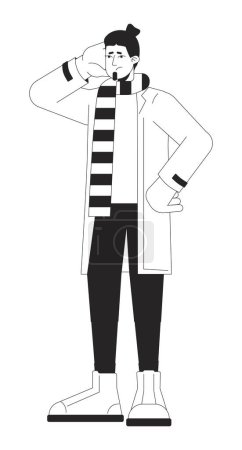 Illustration for Disappointed caucasian man in winter outerwear black and white 2D line cartoon character. Displeased male wearing striped scarf isolated vector outline person. Monochromatic flat spot illustration - Royalty Free Image