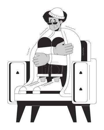 Ilustración de Hombre latino en sillón sentado debajo de una manta en blanco y negro personaje de dibujos animados de línea 2D. Congelación chico temblando aislado vector contorno persona. Ilustración plana monocromática de temperaturas frías - Imagen libre de derechos