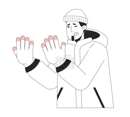 Illustration for Suffering man with frostnip fingers black and white 2D line cartoon character. Winter clothes guy with cold hands isolated vector outline person. Wintertime monochromatic flat spot illustration - Royalty Free Image