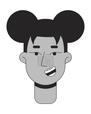 Illustration for Two space buns woman african american black and white 2D vector avatar illustration. Black female young adult outline cartoon character face isolated. Toothy beaming girl flat user profile image - Royalty Free Image