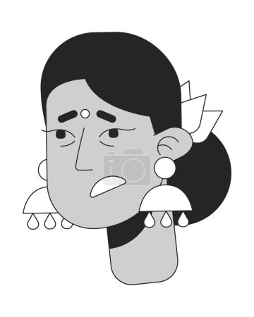 Illustration for Sick adult woman with indian jewellery black and white 2D vector avatar illustration. Hindu traditional female feeling tired outline cartoon character face isolated. Influenza flat user profile image - Royalty Free Image