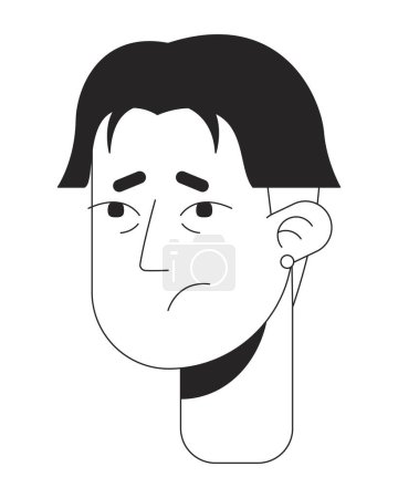 Illustration for Sick adult asian man with bags under eyes black and white 2D vector avatar illustration. Worried uneasy korean male outline cartoon character face isolated. Young adult flu flat user profile image - Royalty Free Image