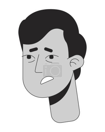 Illustration for South asian young adult man feeling sick black and white 2D vector avatar illustration. Exhausted stressing indian guy outline cartoon character face isolated. Flu fatigue flat user profile image - Royalty Free Image