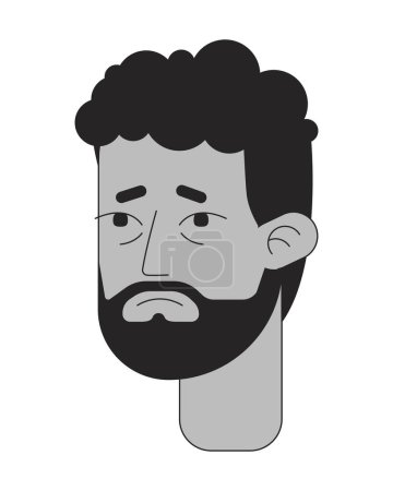Illustration for Unhappy african american man black and white 2D vector avatar illustration. Headache unwell black bearded male outline cartoon character face isolated. Painful expression flat user profile image - Royalty Free Image