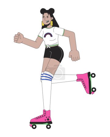 Illustration for Roller disco girl line cartoon flat illustration. 1980s rollerblading latina woman with knee high socks 2D lineart character isolated on white background. Nostalgia fashion scene vector color image - Royalty Free Image