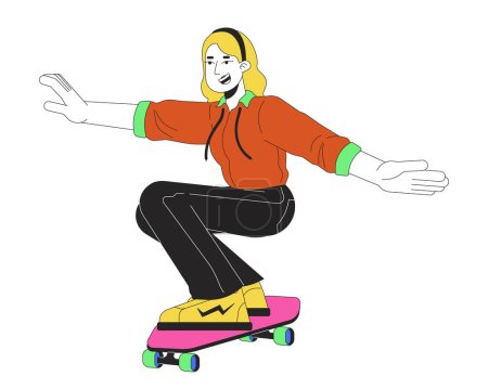 Ilustración de Skater niña 80 línea de dibujos animados ilustración plana. Mujer caucásica skateboarder 20s adulto 2D carácter lineal aislado sobre fondo blanco. Actividad recreativa años 90. Nostalgia escena vector color imagen - Imagen libre de derechos