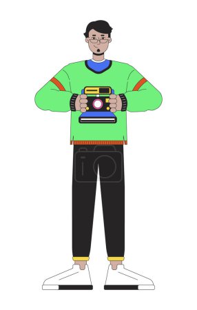 Illustration for 80s retro style photographer line cartoon flat illustration. Eyeglasses arab man taking instant pictures 2D lineart character isolated on white background. Nostalgia fashion scene vector color image - Royalty Free Image