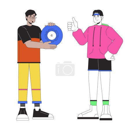 Illustration for Showing off vinyl record line cartoon flat illustration. Best friends male retro enthusiasts diverse 2D lineart characters isolated on white background. Nostalgia fashion scene vector color image - Royalty Free Image