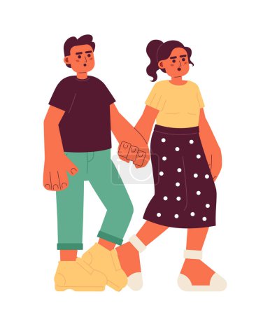Illustration for Middle eastern boyfriend girlfriend hands holding 2D cartoon characters. Wow astonished couple isolated vector people white background. Landmarks sightseeing young adults color flat spot illustration - Royalty Free Image
