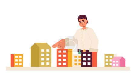 Illustration for Eyeglasses man pointing apartment building unit 2D cartoon character. Glasses asian guy purchaser isolated vector person white background. Korean male buying house color flat spot illustration - Royalty Free Image