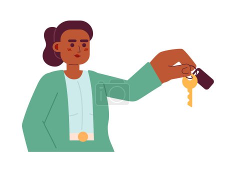 Illustration for Real estate agent female giving key 2D cartoon character. African american realtor isolated vector person white background. House rental. Black woman professional color flat spot illustration - Royalty Free Image