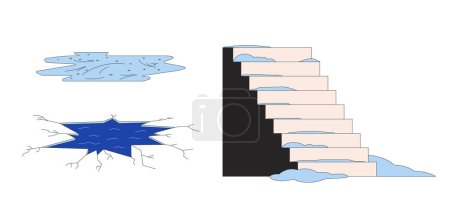 Illustration for Outdoor winter weather hazards 2D linear cartoon objects set. Slippery stairs, broken ice hole, frozen puddle isolated line vector elements white background. Color flat spot illustration collection - Royalty Free Image