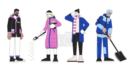 Illustration for Winter hazards preventing 2D linear cartoon characters set. Outerwear diverse isolated line vector people white background. Protect against winter weather color flat spot illustration collection - Royalty Free Image