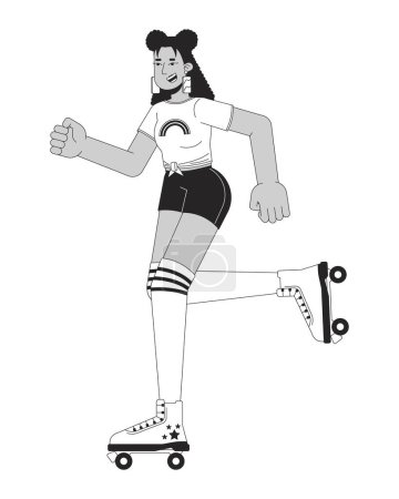 Illustration for Roller disco girl black and white cartoon flat illustration. 1980s rollerblading latina woman with knee high socks 2D lineart character isolated. Nostalgia monochrome scene vector outline image - Royalty Free Image