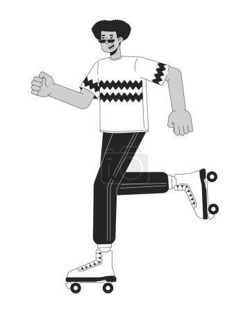 Illustration for 80s skater rollerblading black and white cartoon flat illustration. Hispanic cool guy roller skating 2D lineart character isolated. Eighties retro. Nostalgia monochrome scene vector outline image - Royalty Free Image
