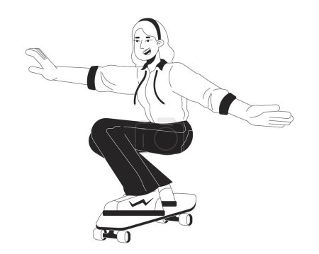 Illustration for Skater girl 80s black and white cartoon flat illustration. Caucasian female skateboarder 20s adult 2D lineart character isolated. Leisure activity 90s. Nostalgia monochrome scene vector outline image - Royalty Free Image